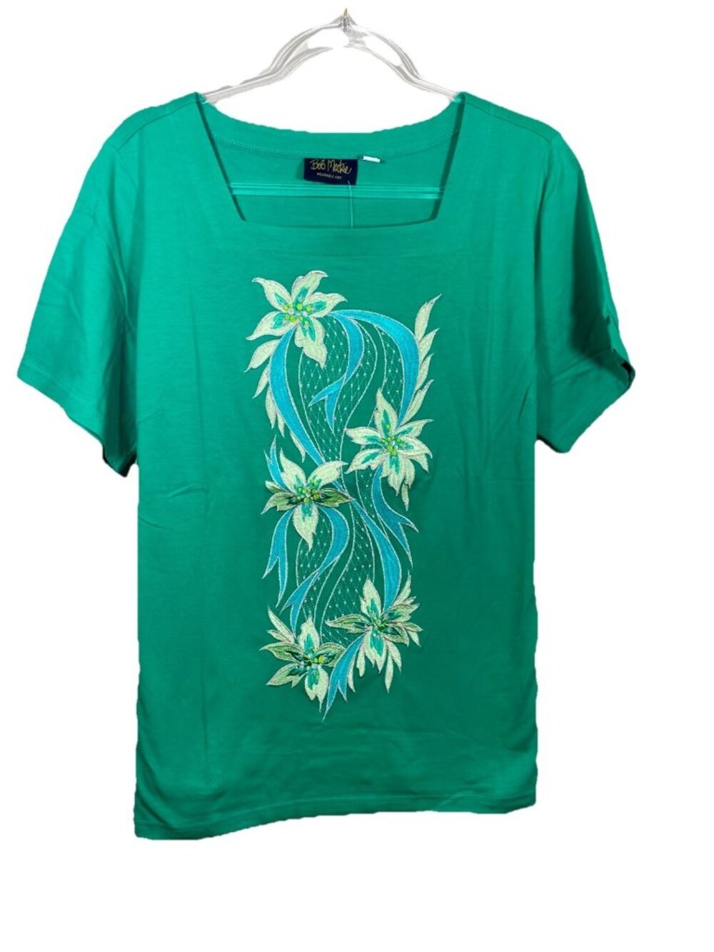 Bob Mackie Size 1X Wearable Art Teal Blue Embroidered Floral Stretch Top NEW